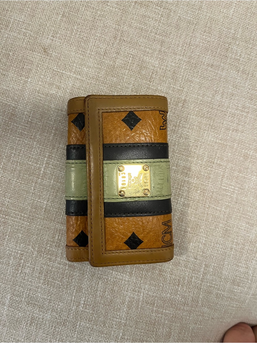 MCM Tan, Black & Olive Leather Key/Card Holder with Gold Plate